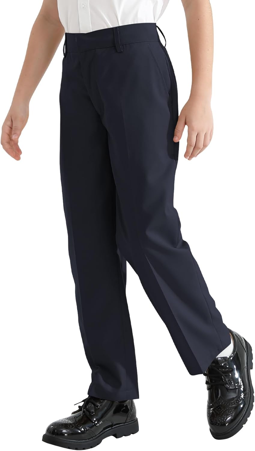 QBK Boys Flat Front Dress Pants Uniform Pants Adjustable Waistband for Toddler to Youth with Pockets